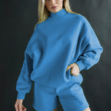 MOMENTLOVER 2025 New autumn 2025 women's clothing set new casual solid color long-sleeved top loose shorts fashion sweater set
