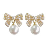 S925 silver needle elegant bow pearl earrings