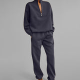 MOMENTLOVER 2025 women's clothing popular winter wear new temperament casual solid color semi-open neck sports sweater set