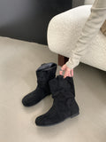 2025  Internet celebrity pile boots women's round head flat bottom western cowboy boots popular autumn thin flat bottom pleated small short boots single boots