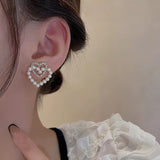 S925 silver needle Korean double-layer love pearl earrings