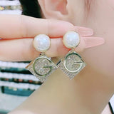 Geometric diamond-shaped pearl S925 silver pin letter earrings