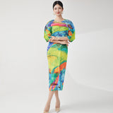 Women's clothing high-end bud dress design sense niche printing bat sleeve loose and thin Miyake medium-length skirt