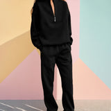 MOMENTLOVER 2025 women's clothing popular winter wear new temperament casual solid color semi-open neck sports sweater set
