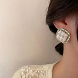 S925 silver needle checkerboard lattice metal geometric earrings
