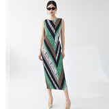Women's summer dress new high-end round neck medium and long one-step skirt temperament elegant and versatile Miyake skirt tide