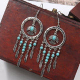 Bird Pendant Long Tassel Turquoise Earrings