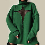 2025 style new sexy mesh perspective vacation loose knitting hollow sleeve personalized turtleneck sweater women