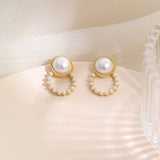 S925 Silver Needle Geometric Round Pearl Earrings