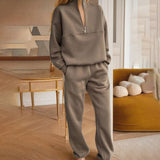 MOMENTLOVER 2025 women's clothing popular winter wear new temperament casual solid color semi-open neck sports sweater set