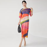 Women's clothing high-end bud dress design sense niche printing bat sleeve loose and thin Miyake medium-length skirt