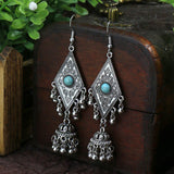 Silver geometric metal turquoise inlaid tassel earrings