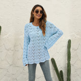 2025 autumn and winter  new knitted New  solid color hook-up hollow pullover round neck loose sweater women