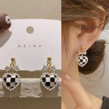 S925 silver needle black and white checkerboard earrings