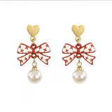 Coffee-colored bow temperament pearl earrings