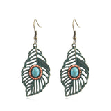 Leaf drop-shaped handmade rice beads woven turquoise earrings