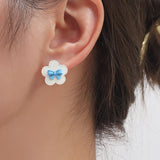 S925 silver needle white flower bow smiley earrings