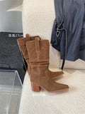 2025  British style matte square head thick heel popular new knight boots niche thin boots but knee single boots stacking boots
