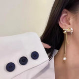 S925 silver needle bow simple long earrings