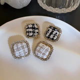 S925 silver needle checkerboard lattice metal geometric earrings
