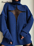 2025 style new sexy mesh perspective vacation loose knitting hollow sleeve personalized turtleneck sweater women