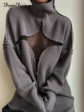 2025 style new sexy mesh perspective vacation loose knitting hollow sleeve personalized turtleneck sweater women