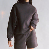 MOMENTLOVER 2025 New autumn 2025 women's clothing set new casual solid color long-sleeved top loose shorts fashion sweater set