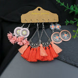 Drop-shaped tassel turquoise feather flower earrings