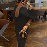 MOMENTLOVER New autumn cross-border women's clothing 2025 dresses independent station one-word collar turned shoulder slim dress hip dress