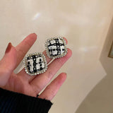 S925 silver needle checkerboard lattice metal geometric earrings