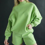 MOMENTLOVER 2025 New autumn 2025 women's clothing set new casual solid color long-sleeved top loose shorts fashion sweater set