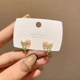 S925 silver needle vintage pink tulip earrings