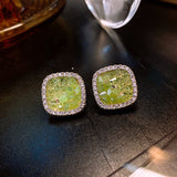 S925 Silver Needle Light Green Crystal Geometric Square Earrings