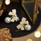 S925 silver needle elegant bow pearl earrings