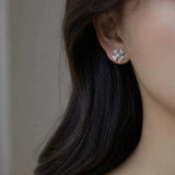 S925 silver needle fashion simple diamond green check pearl clover earrings