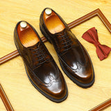 2025 Douyin hot-selling thick-soled heightening round-head leather shoes for men's genuine leather soft leather Brock engraved glossy patent leather single shoes for men