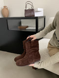 2025  Internet celebrity pile boots women's round head flat bottom western cowboy boots popular autumn thin flat bottom pleated small short boots single boots