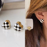 S925 silver needle black and white checkerboard earrings