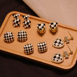 S925 silver needle black and white checkerboard earrings