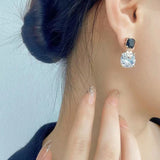 S925 silver needle clover black and white asymmetric earrings