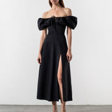 MOMENTLOVER women's clothing New 2025 dresses autumn new  bubble sleeves solid color lace-up slit dresses