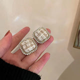 S925 silver needle checkerboard lattice metal geometric earrings