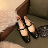 2025  popular new one-word  thick heel Mary Jane shoes light mouth patent leather pearl buckle silver single shoes