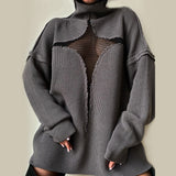 2025 style new sexy mesh perspective vacation loose knitting hollow sleeve personalized turtleneck sweater women
