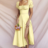 MOMENTLOVER women's clothing New 2025 dresses autumn new  bubble sleeves solid color lace-up slit dresses