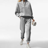 MOMENTLOVER 2025 women's clothing popular winter wear new temperament casual solid color semi-open neck sports sweater set