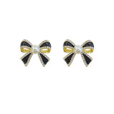 Delicate and small pearl black bow earrings