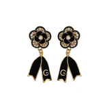 S925 silver pin black diamond-set lettering floral earrings