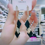 S925 silver needle blue-green long-width tassel earrings