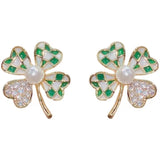 S925 silver needle fashion simple diamond green check pearl clover earrings